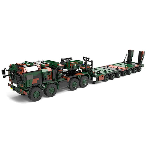 Pro Level Military Tank Carrier Building Blocks 1912 Pcs Top Shelf Army Vehicle Construction Set showcasing detailed army truck and trailer.