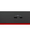 Thunderbolt 4 Workstation Dock Serving Up 230W Power And Seamless 4K Video Paired With Adjustable Monitor Stand Wireless Keyboard And Mouse For Serious Desk Flex And Smooth Daily Grind, showing ports and red base.