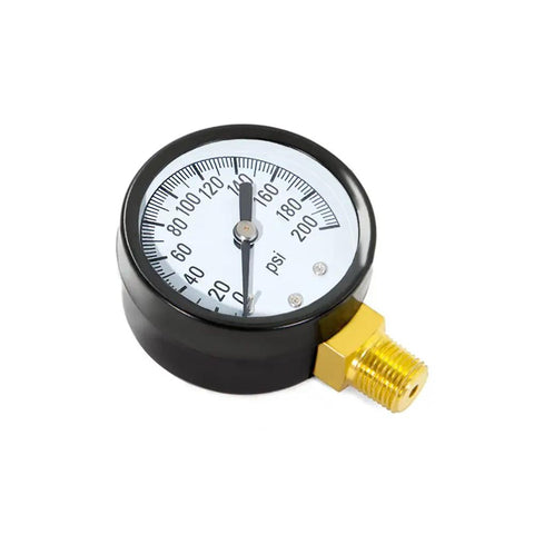 No Frills Budget Friendly 1/4 Inch NPT 200 PSI Steel Pressure Gauge With Brass Internals, 2 Inch Dial Bottom Mount, All Purpose For Gas And Non Corrosive Liquids. 2-inch 200 PSI steel gauge with brass bottom-mount NPT fitting