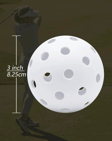 3 inch perforated plastic ball for Six Pack Replacement Backyard Golf Balls With Carry Bag For Bucket Game, in front of golfer