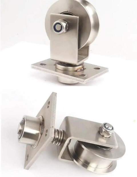 Heavy Duty 68mm V Groove Gate Wheel With Spring Loaded Track Caster For Sliding Gates Stainless Steel 304 Rustproof Pro Grade Shock Absorbing Rollers 550 Lbs Load Capacity Durable Gate Rolling Solution shown front and side views