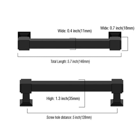 Diagram showing measurements for 10 Pack 5-Inch Matte Black Cabinet Pulls, including length and screw hole distance.