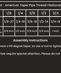NPT thread size chart showing pipe sizes from 1/8 to 1 with corresponding diameters and assembly notes on a black background.