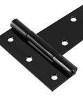 Close-up of 12 Piece T Strap Barn Door Hinges Black 10 Inch Heavy Duty, showing durable black carbon steel with pre-drilled holes.
