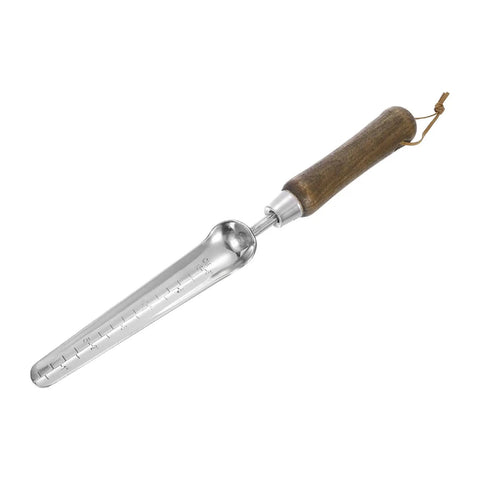 Compact Stainless Steel Garden Hand Shovel Seed Trowel With Wooden Handle, lightweight, rustproof, narrow design.