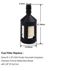 Close-up of black and white fuel filter for Four Foot Fuel Line Kit For Small Engine Chainsaws Blowers Trimmers And Weedeaters Includes Multiple I D And O D Sizes Primer Bulb White Fuel Filter Replacement Fuel Hoses For Poulan Craftsman Husqvarna Stihl Echo Ryobi, shown with dimensions.