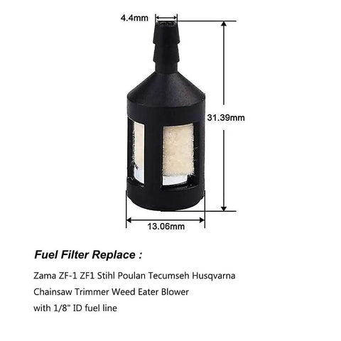 Close-up of black and white fuel filter for Four Foot Fuel Line Kit For Small Engine Chainsaws Blowers Trimmers And Weedeaters Includes Multiple I D And O D Sizes Primer Bulb White Fuel Filter Replacement Fuel Hoses For Poulan Craftsman Husqvarna Stihl Echo Ryobi, shown with dimensions.