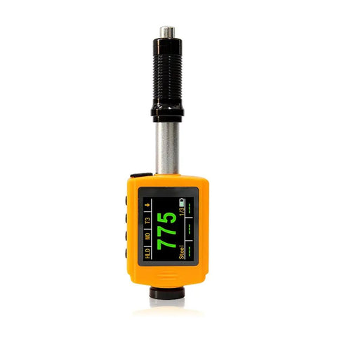 Integrated Portable Leeb Hardness Tester Pen Type With D Type Impact Device And DL Test Block, Big OLED Color Display, Expanded Data Storage And Lightning Fast Data Communication, Pro Grade HB HRC HRB HV HS HL And Sigma B Strength. orange handheld metal hardness tester with probe