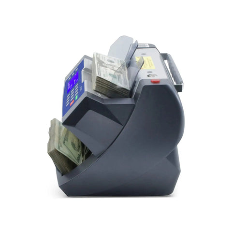 Side view of bank-grade bill counter with batch value and total denomination calculator, multi-currency money counter with 3-point counterfeit detection MG and UV, 300 bill hopper, perfect for USD EUR CAD MXN cash handling
