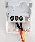 Electrical terminal connected to red, black, and yellow wires, showcasing use of 300 Piece Heat Shrink Tubing Kit With 3 To 1 Shrink Ratio