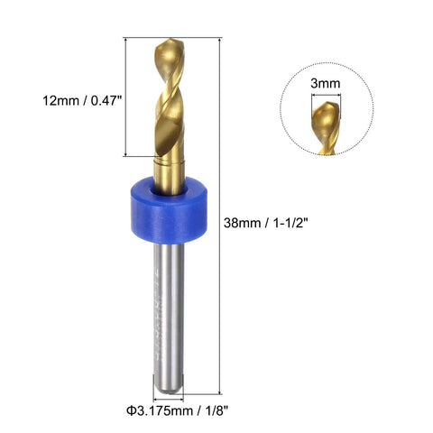 Titanium Coated 3mm Carbide PCB Drill Bits Set 1 8th Inch Shank Micro Twist Mini Drill Bits For Circuit Boards Jewelry CNC Engraving 10 Pack With Protection Case, showing a single drill bit with dimensions.