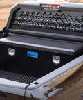 Heavy Duty Aluminum Front Utility Chest Replacement Designed To Drop Straight Into Your 2024 Gmc Canyon Tapered Hatch Single Door 19X20X47 Inches in truck bed.