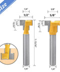 Five Piece T Slot Router Bit Set For T Track Grooving With Tough Carbide Cutters, size dimensions on a graphic.