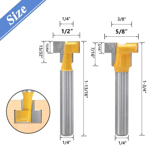 Five Piece T Slot Router Bit Set For T Track Grooving With Tough Carbide Cutters, size dimensions on a graphic.