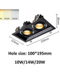 Upgrade Your Space Today With These Top Shelf Six Pack Adjustable Gimbal Eyeball Led Dimmable Canless Recessed Downlights Just Pop In The 14 Watt Dual Head Retrofit Kit For Instant Swivel Lighting That Slaps, showing a black dual-head recessed downlight with dimensions and color options.