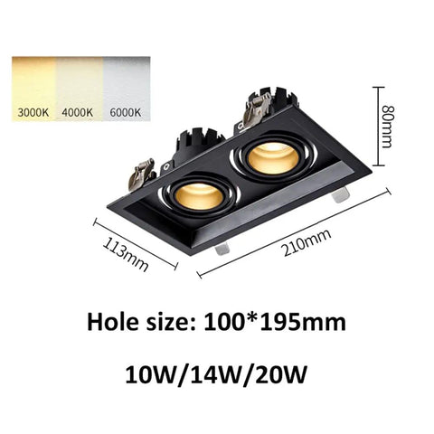 Upgrade Your Space Today With These Top Shelf Six Pack Adjustable Gimbal Eyeball Led Dimmable Canless Recessed Downlights Just Pop In The 14 Watt Dual Head Retrofit Kit For Instant Swivel Lighting That Slaps, showing a black dual-head recessed downlight with dimensions and color options.