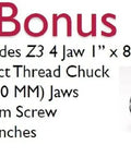 Bonus features of Kickass Heavy Duty Cast Iron Midi Lathe including Z3 4 Jaw Chuck and wrenches for precision woodturning.