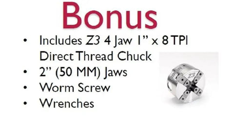 Bonus features of Kickass Heavy Duty Cast Iron Midi Lathe including Z3 4 Jaw Chuck and wrenches for precision woodturning.