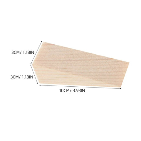 Beige Triangular Wood Door Stopper Wedges Nail Free And Easy To Use Bumper Set showing dimensions in centimeters and inches