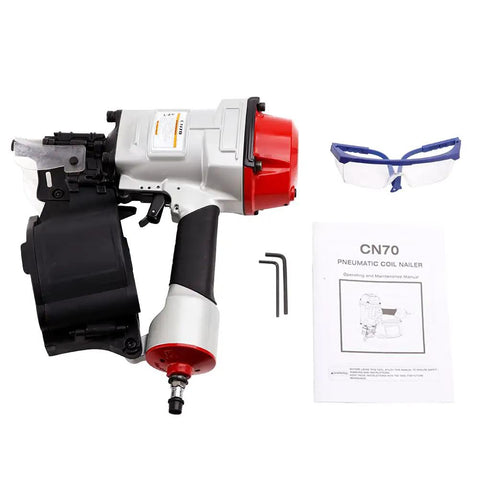 Pro-Grade Pneumatic Roofing Nailer 15 Degree Coil Nailer with safety goggles and manual, lightweight aluminum body