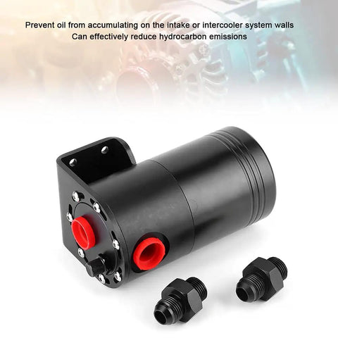 Yukofe Universal Air Oil Separator Catch Can in black stainless steel, with fittings, for car engine modifications.