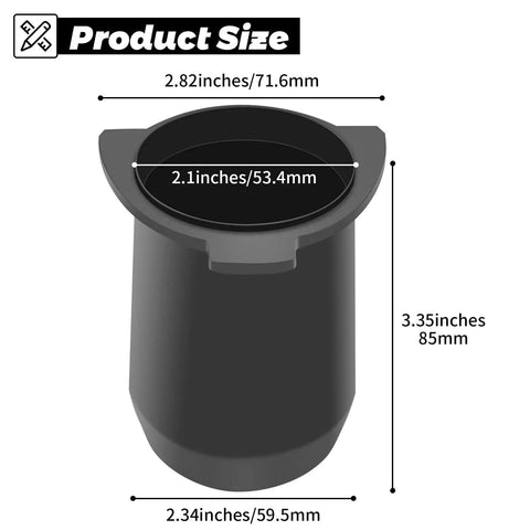 Dimensions of 54mm Espresso Dosing Cup For Portafilter With Grinder Activating Ring Matte Black Grounds Cup shown