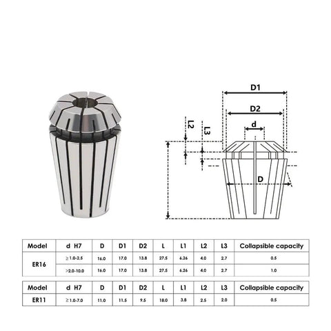 Top Notch Er16 Spring Collet Chuck For Cnc Milling Lathe Machines, shown with dimensions and specifications, heavy duty steel construction.