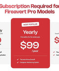Subscription options for Fireavert Pro models, showcasing monthly and yearly plans for Heavy Duty Gas Stove Auto Shut Off Valve.