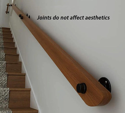 Rock Solid Non Slip Wooden Stair Handrail With Heavy Duty Iron Brackets, Four Foot Safety Railing on staircase wall.
