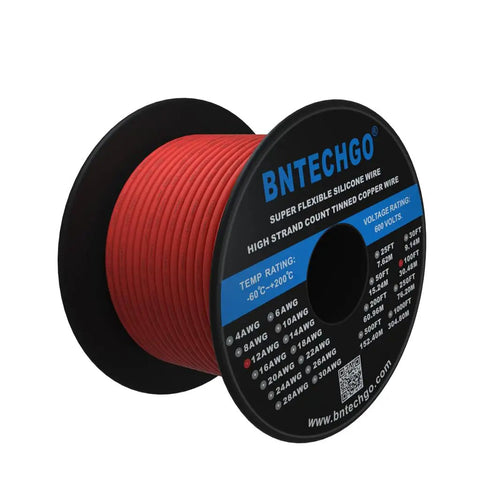 Red 12 Gauge Silicone Wire Spool, 100 Ft Flexible Stranded Tinned Copper Wire, 680 Strand Core, Ultra Flexible Soft Silicone