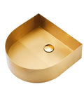 Top Shelf Stainless Steel Gold Vessel Sink, Semi Circular Above Counter Basin With Push Type Drain, sleek view from above.
