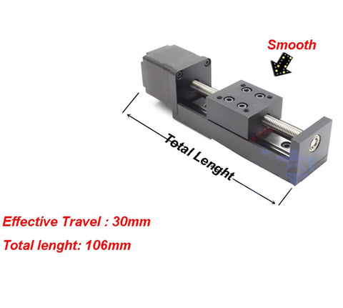 Compact 6mm T Screw Mini Linear Guide Motion Module Table Rail With 30mm Size And NEMA 11 Stepper LW28, plug-and-play CNC linear slide, effective travel 30mm, total length 106mm