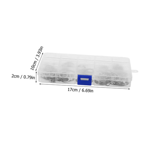 150 Pieces 304 Stainless Steel C Shaped Snap Rings Shaft Retaining Assortment Kit in clear plastic box with dimensions