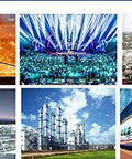 Collage of industrial scenes including welding, a concert crowd, construction, refinery, modern architecture, and a high-speed train.