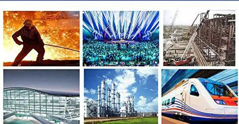 Collage of industrial scenes including welding, a concert crowd, construction, refinery, modern architecture, and a high-speed train.