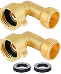 Two Pack 90 Degree Brass Garden Hose Elbow Connector Set With Four Extra Pressure Washers For Three Quarter Inch Hose Male To Female Quick Connect Durable Leak Free Garden Plumbing Upgrade, two brass elbows with washers