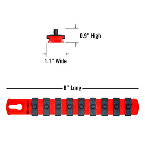 Eight Inch Socket Organizer With Nine And A Quarter Inch Twist Lock Clips for Standard and Metric Sockets Red Finish dimensions shown