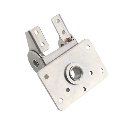 Dual-axis torque hinge, 304 stainless steel, adjustable, front-angle view with mounting plates