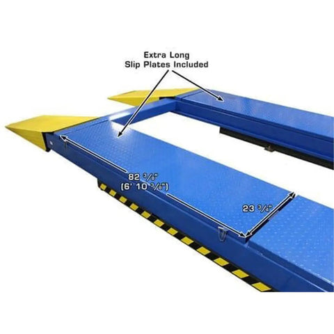 Px16a Scissor Alignment Lift And RJ8 Rolling Jacks Combo Beefy Auto Garage Gear showing extra long slip plates and measurements.