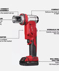 M18 Force Logic 6 Ton Knockout Tool Kit With Toolbox For Electricians, red compact right-angle steel hole puncher close-up
