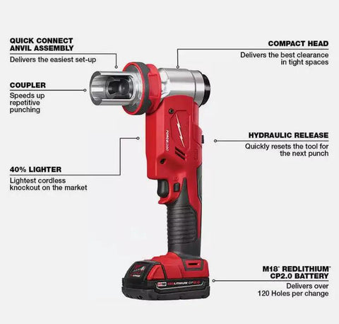 M18 Force Logic 6 Ton Knockout Tool Kit With Toolbox For Electricians, red compact right-angle steel hole puncher close-up