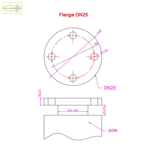 Diagram of DN25 flange with measurements, including diameter and hole spacing, for use in Two Blade 100W Vertical Axis Wind Turbine Kit With Controller For Home Wind Power System DIY Ready Durable Aluminum Blades 12V Output White And Blue Finish Ideal For Home Small Business And Industrial Use