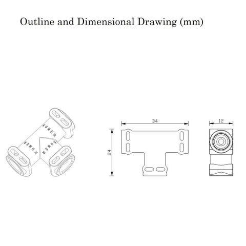 Outline and dimensional drawing of Three Way T Hose Connector For Coffee Machines And Home Kitchen with measurements in mm