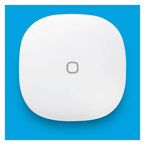 SmartThings Button Zigbee Remote Control For Smart Home Hub on blue background, top view of compact white button with logo.