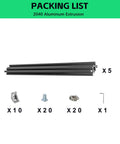 Dope 2040 V Slot Aluminum Extrusion 1500mm Set, 5 Pieces Anodized European Standard Profile With Corner Bracket Kit For CNC DIY 3D Printer Black Ready To Go packing list with 5 black 2040 aluminum extrusions, brackets, screws, nuts and hex key