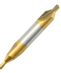 Close-up of MDEOOSKY 2.5mm center drill bit, HSS TiN coated, 60° chamfering and centering