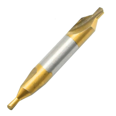 Close-up of MDEOOSKY 2.5mm center drill bit, HSS TiN coated, 60° chamfering and centering