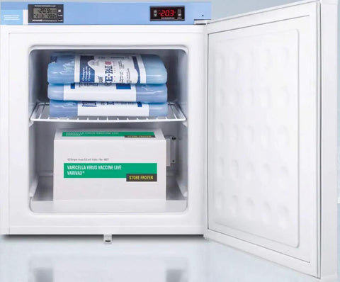Compact Medical Freezer With Digital Thermostat And Secure Front Lock Nist Calibrated Thermometer White storing Varicella virus vaccine.