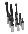 Nine carbide boring bars from the 2 Inch Boring Head R8 Shank Set With Nine Carbide Boring Bars One Half Inch For Milling Machines, Pro Grade Precision Tooling For Quick Accurate Offsets And Smooth Cutting displayed vertically.