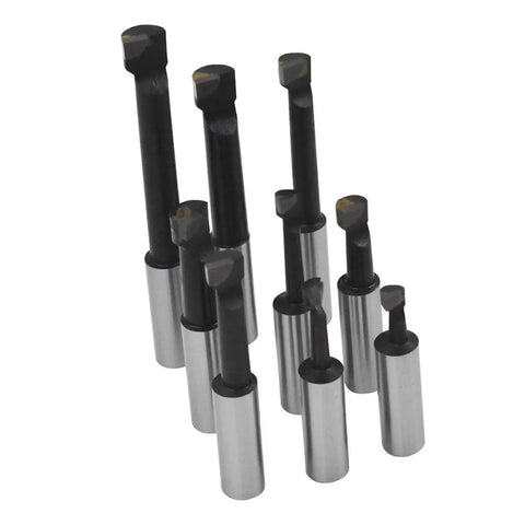Nine carbide boring bars from the 2 Inch Boring Head R8 Shank Set With Nine Carbide Boring Bars One Half Inch For Milling Machines, Pro Grade Precision Tooling For Quick Accurate Offsets And Smooth Cutting displayed vertically.